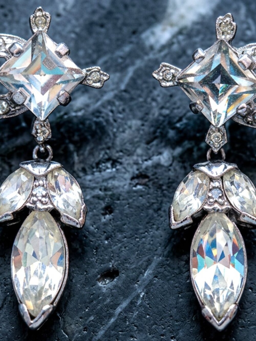 Antique VINTAGE Dangle Earrings Paste Screw back Art Deco silver RHINESTONE